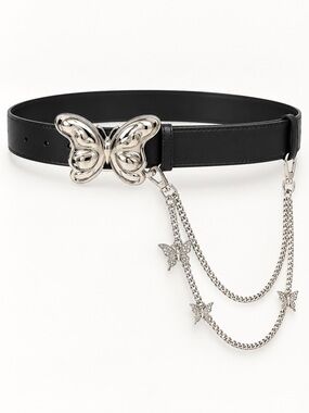 E75. La Valentina Black Faux Leather Butterfly Chain Belt